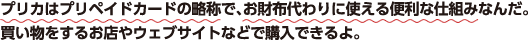 プリカはプリペイドカードの略称で、お財布代わりに使える便利な仕組みなんだ。買い物をするお店やウェブサイトなどで購入できるよ。