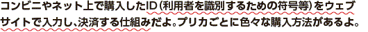 コンビニやネット上で購入したID（利用者を識別するための符号等）をウェブサイトで入力し、決済する仕組みだよ。プリカごとに色々な購入方法があるよ。