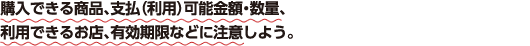 購入できる商品、支払（利用）可能金額・数量、利用できるお店、有効期限などに注意しよう。