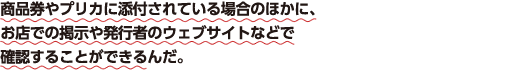商品券やプリカに添付されている場合のほかに、お店での掲示や発行者のウェブサイトなどで確認することができるんだ。